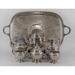 STERLING. (6) Piece Sterling Tea Service with Tray