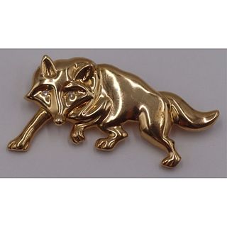 JEWELRY. Signed 14kt Gold and Diamond Fox Brooch.