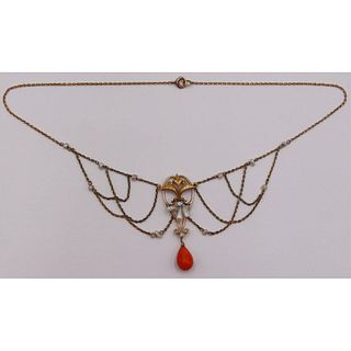 JEWELRY. Art Nouveau 14kt Gold, Pearl, Coral and