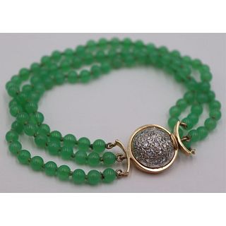JEWELRY. Signed 14kt Gold, Diamond and Jade Beaded