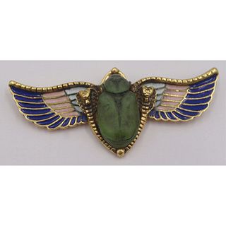 JEWELRY. Egyptian Revival Winged Scarab Brooch.