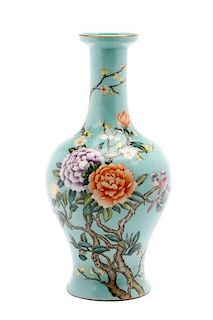 Chinese Teal Blue Porcelain Vase with Peonies