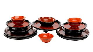 Group of 15 Japanese Red & Black Lacquered Items
