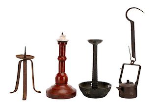 Group of 4 Japanese Objects-Candlesticks & Lantern