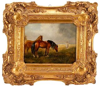 Diminutive Oil on Paper Painting of Horses