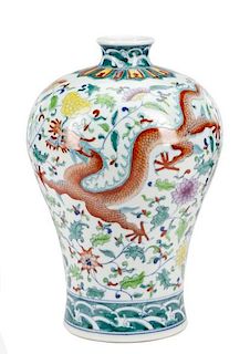 Chinese Porcelain Doucai Meiping Dragon Vase, Mark