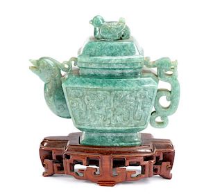 Chinese Jade Bird Motif Lidded Teapot on Stand