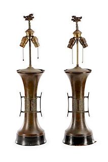Pair, Chinese Bronze Gu Form Table Lamps, 30"