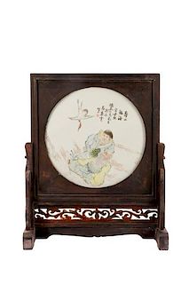 Chinese Round Porcelain Figural Plaque in Stand