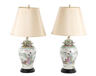 Pair of Chinese Famille Rose Urn Table Lamps