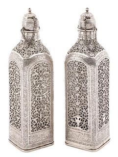 Pair of Persian Silver Covered Glass Decanters