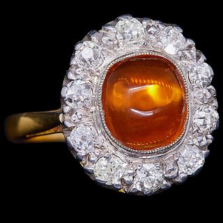 ANTIQUE FIRE OPAL AND DIAMOND CLUSTER RING