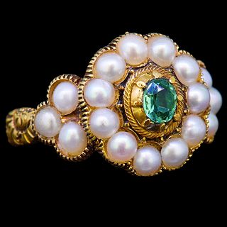 ANTIQUE VICTORIAN PEARL AND GREEN GARNET RING