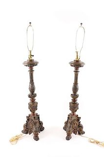 Pair of Cast & Patinated Metal Altar Stick Lamps