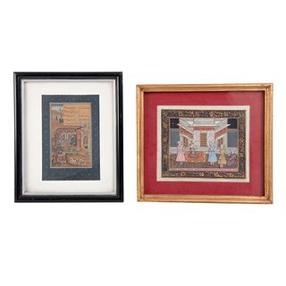 Lote de cuadros decorativos.  India, Siglo XX Escenas costumbristas. Acrílico sobre seda. 24 x 20 cm y 16 x 24 cm.  Piezas 2.