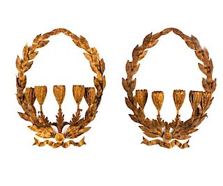 Pair of Italian Gilt Iron Five Candle Wall Sconces