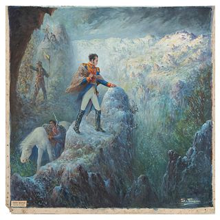 SALVADOR TARAZONA. Simón Bolivar cruzando Los Andes. Firmado. Óleo sobre tela. 120 x 119 cm.