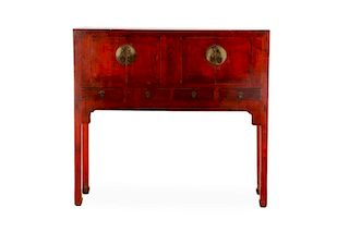 Chinese Red Lacquered Hardwood Cabinet, 19th C.