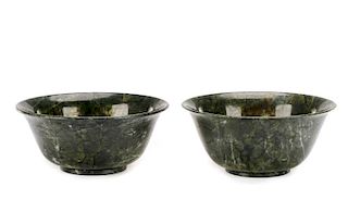 Pair of Chinese Carved Spinach Jade Bowls, 20th C.