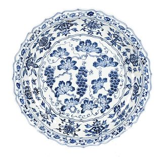 Chinese Ming Style Blue & White Porcelain Low Bowl