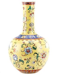 Chinese Famille Jaune Bottle Vase w/ Spiral Motif