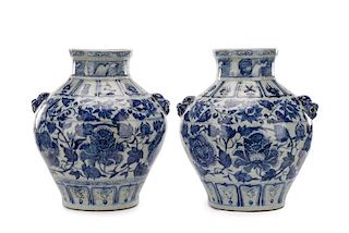 Pair of Chinese Blue & White Porcelain Urns
