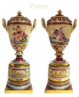 19th C. Pair of Hand Painted Royal Vienna Urns/Vases