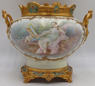 Signed Painted Porcelain and Champleve Urn.