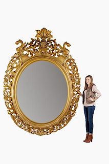 Palatial Italian Giltwood Carved Oval Mirror