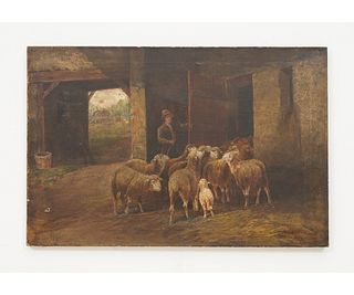 OIL ON CANVAS SHEEP AND HERDER