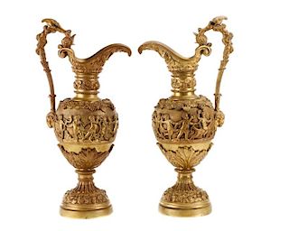 Pair of Large Gilt Bronze Ewers After Clodion