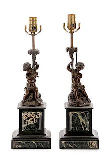 Manner of Clodion 19th C. Bronze Putti Table Lamps