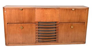 Art Deco Stereo Cabinet, having lift top center and brass hardware, height 36 inches,  top 17 ½” x 78”.