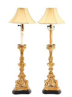 Pair of Italian Giltwood Candle Pricket Lamps