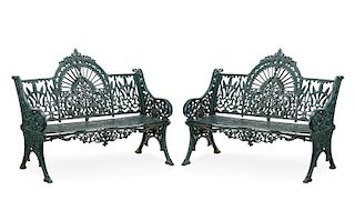Pair of Irish Cast Iron & Painted Garden Benches
