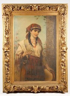Hungarian Gypsy Girl, Signed 19th C. Oil, Brentano