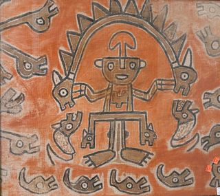 Pre-Columbian Painting On Cloth, figures in red, white, and black, Andre Emmerich Gallery New York stamp and label on verso, 25" x 29".