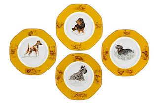 Set of 4 Hermes Dog Motif Porcelain Plates