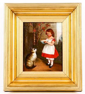 American School, Girl with Cat Oil on Canvas