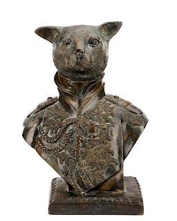 Bronze Sculptural Bust, Cat in Military Uniform