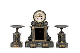 French Slate & Marble Three-Piece Clock Garniture