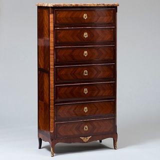 Louis XVI Style Gilt-Bronze Mounted Tulipwood and Mahogany Parquetry Marble-Top Semainier