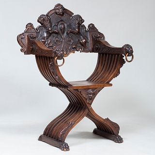 Italian Medieval Style Carved Walnut Savonarola Chair