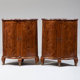 Pair of Louis XV Ormolu and Brass-Mounted Kingwood Parquetry Encoignures