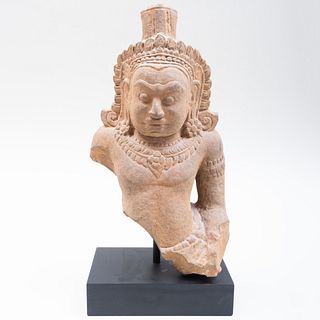 Khmer Stone Fragment Bust of Dvarapala