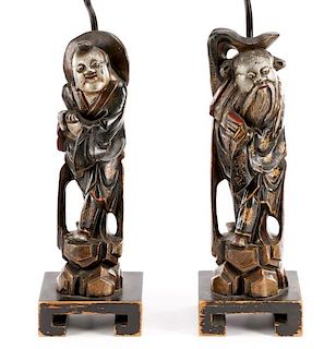 Pair of Carved & Lacquered Wood Figural Lamps