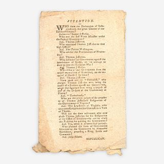 [Americana] [Jefferson, Thomas, and John Adams] Printed 1796 Presidential Campaign Handbill