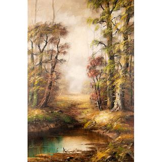 Custom Framed Artist Signed Oil Painting, Forest Landscape
