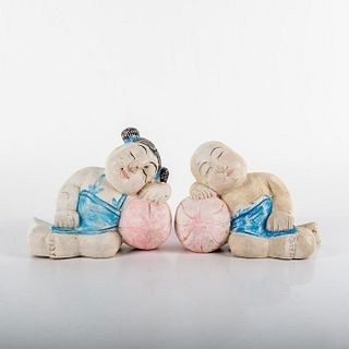 Set of 2 Vintage Asian Wooden Sleeping Children Figurines