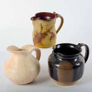Set of 3 Folk Art Pottery Water Pitchers